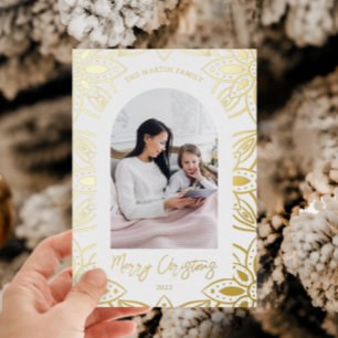 Tarjeta Festiva Con Relieve Metalizado Bonito marco botánico dorado Dos Navidades de foto