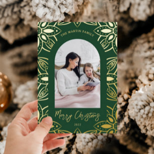 Tarjeta Festiva Con Relieve Metalizado Bonito marco botánico Navidades fotográficos verde