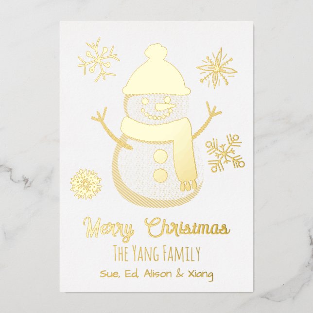 Tarjeta Festiva Con Relieve Metalizado Bonito Personalizada de Snowman y Foto (Anverso)