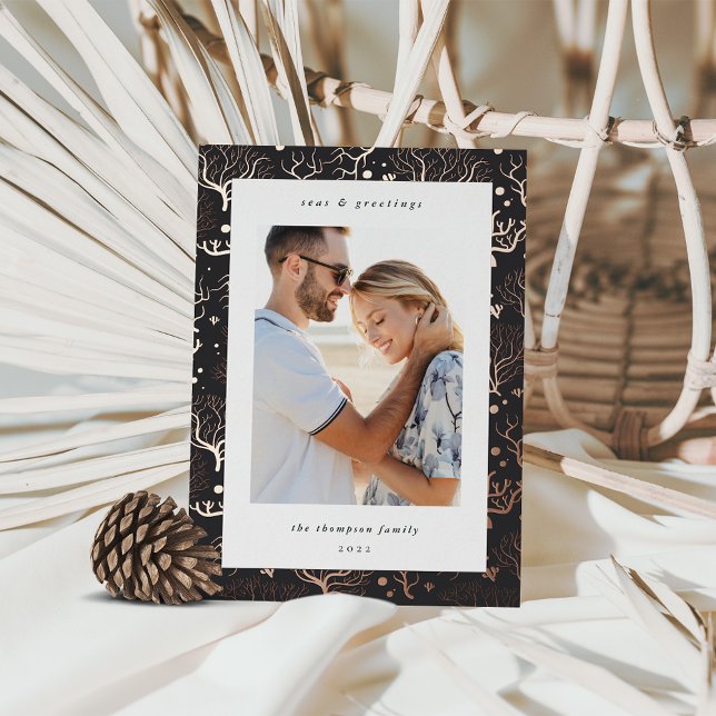 Tarjeta Festiva Con Relieve Metalizado Borde coral oceánico | Foto vertical (Subido por el creador)