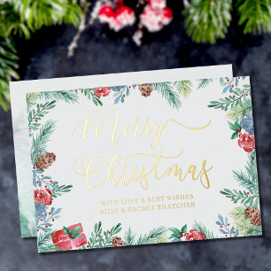 Tarjeta Festiva Con Relieve Metalizado Borde de Follaje de Invierno y Piña Dorado