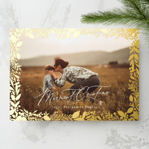 Tarjeta Festiva Con Relieve Metalizado Borde de foto botánico de oro elegante y con estil
