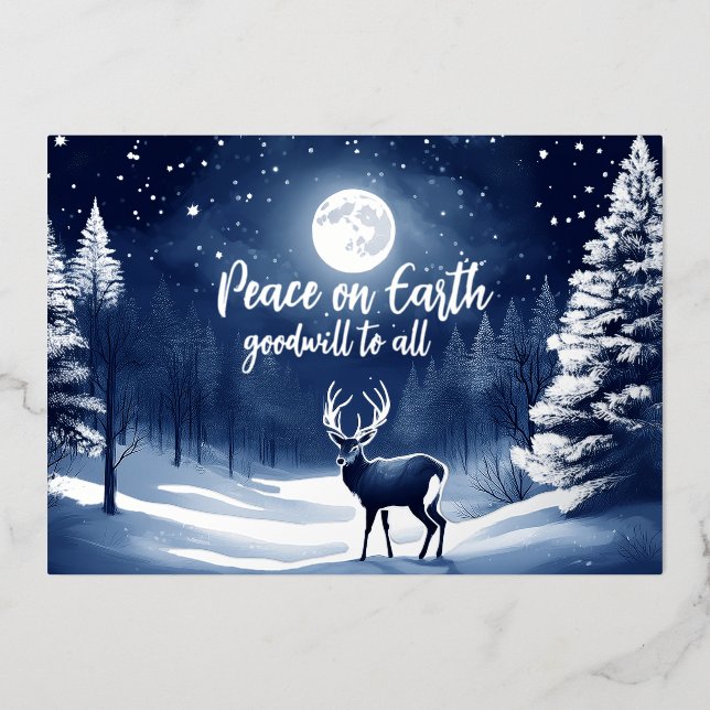 Tarjeta Festiva Con Relieve Metalizado Bosque Invernal Nevado Luna Llena y Ciervo Pacífic (Anverso)