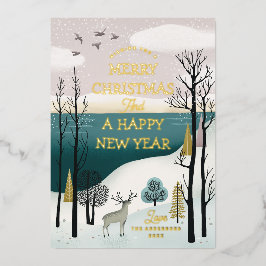 Tarjeta Festiva Con Relieve Metalizado Bosque invernal pacífico y ciervos | Navidad dorad
