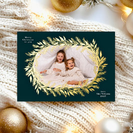 Tarjeta Festiva Con Relieve Metalizado botanical christmas photo gold wreath
