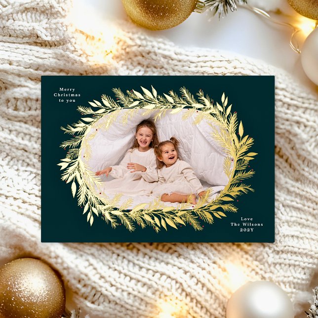 Tarjeta Festiva Con Relieve Metalizado botanical christmas photo gold wreath (Subido por el creador)