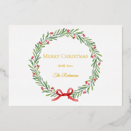 Tarjeta Festiva Con Relieve Metalizado Botanical Christmas Wreath Modern Gold Script