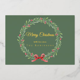 Tarjeta Festiva Con Relieve Metalizado Botanical Christmas Wreath Modern Gold Script