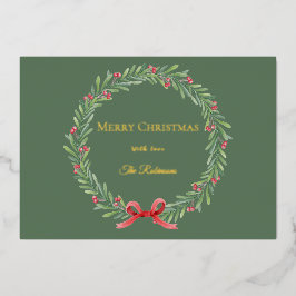 Tarjeta Festiva Con Relieve Metalizado Botanical Christmas Wreath Modern Gold Script