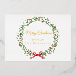 Tarjeta Festiva Con Relieve Metalizado Botanical Christmas Wreath Modern Gold Script