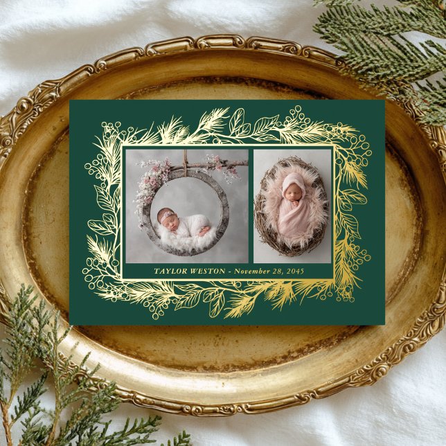 Tarjeta Festiva Con Relieve Metalizado Botanical Frame Winter Foliage New Baby (Subido por el creador)