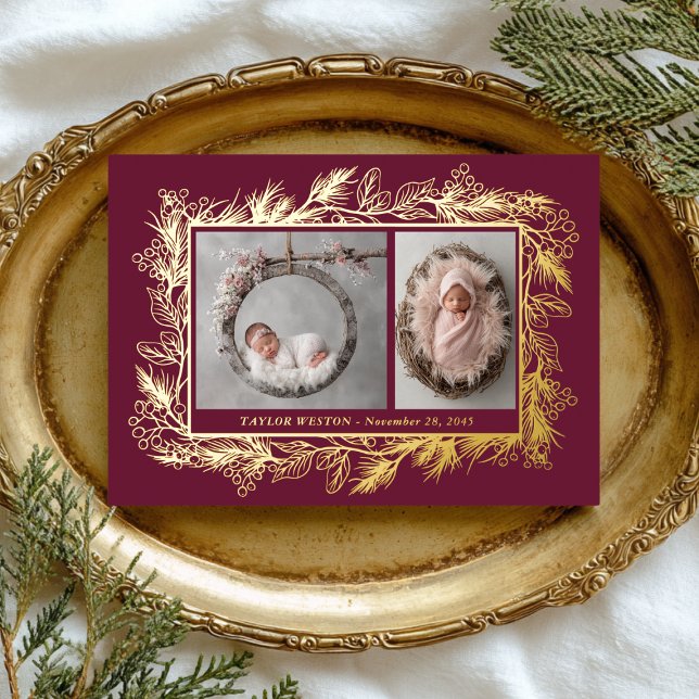 Tarjeta Festiva Con Relieve Metalizado Botanical Frame Winter Foliage New Baby (Subido por el creador)