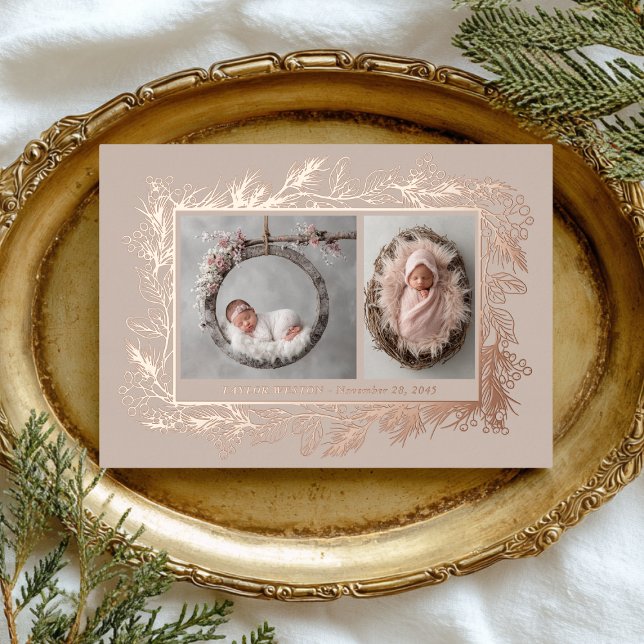 Tarjeta Festiva Con Relieve Metalizado Botanical Frame Winter Foliage New Baby Birth (Subido por el creador)