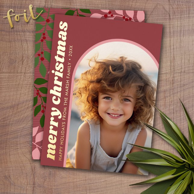 Tarjeta Festiva Con Relieve Metalizado Botánico de Mauve Verde - Arco fotográfico moderno (Photo Christmas Card with Gold Foil Accent - Modern Merry Christmas)