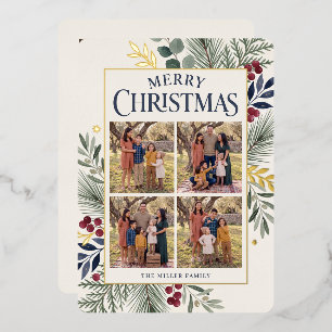 Tarjeta Festiva Con Relieve Metalizado Botánico Feliz Navidad con Multi-Foto