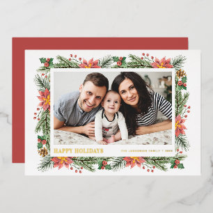 Tarjeta Festiva Con Relieve Metalizado Botánicos Acuarela Invernal Foto Feliz Fiesta