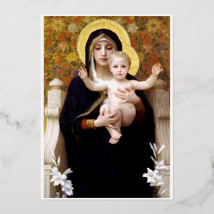 Tarjeta Festiva Con Relieve Metalizado Bougereau Virgen y Niño
