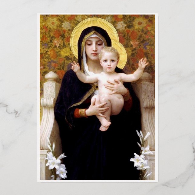 Tarjeta Festiva Con Relieve Metalizado Bougereau Virgen y Niño (Anverso)