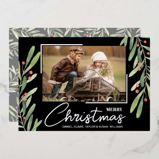 Tarjeta Festiva Con Relieve Metalizado Branch and Berries on Black Christmas Photo (Anverso/Reverso)