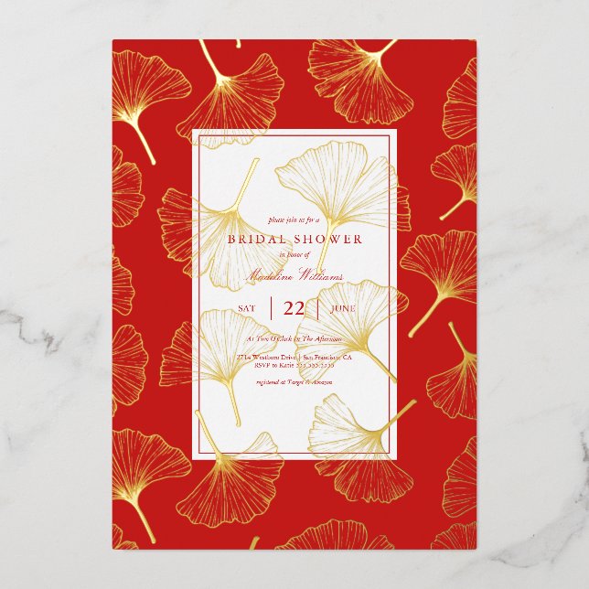 Tarjeta Festiva Con Relieve Metalizado BRIDAL SHOWER Ginkgo Leaf (Anverso)