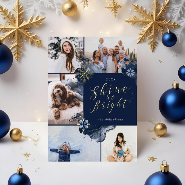 Tarjeta Festiva Con Relieve Metalizado Brilla con tanta intensidad & Tinta de ágata dorad (Shine So Bright & Navy Gold Agate Ink Five Photo Foil Holiday Card)