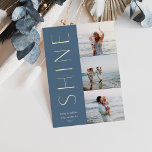 Tarjeta Festiva Con Relieve Metalizado Brilla | Hanukkah de 3 Collages de fotos modernos<br><div class="desc">Una moda y elegante diseño de tarjeta Hanukkah con tres fotos alineadas a la derecha en un diseño vertical. "Brilla" aparece junto a tu foto en Relieve metalizado de oro moderno. Personalice con su nombre de familia y el saludo de su personalizado Hanukkah debajo para el toque final perfecto a...</div>