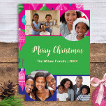 Tarjeta Festiva Con Relieve Metalizado Brillante 4 fotos Collage Feliz Personalizado navi<br><div class="desc">Crea tu propia tarjeta de Navidades brillante y colorida con esta divertida y moderna plantilla. La tarjeta mostrará cuatro de tus fotos favoritas, en un fondo de colores vivos de color rosa, verde y azul. El saludo 'Feliz Navidad' está en todo el centro en una tipografía de escritura elegante, y...</div>