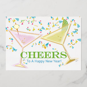 Tarjeta Festiva Con Relieve Metalizado Brindis por cócteles de Año Nuevo con foto trasera
