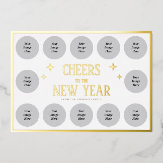 Tarjeta Festiva Con Relieve Metalizado Brindis por el Año Nuevo 12 Fotos Personalizadas