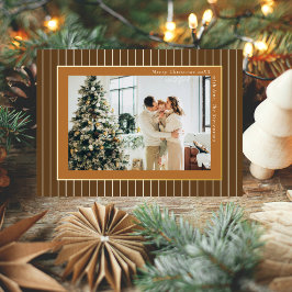 Tarjeta Festiva Con Relieve Metalizado Brown Copper Old Money Pinstripe Christmas Photo