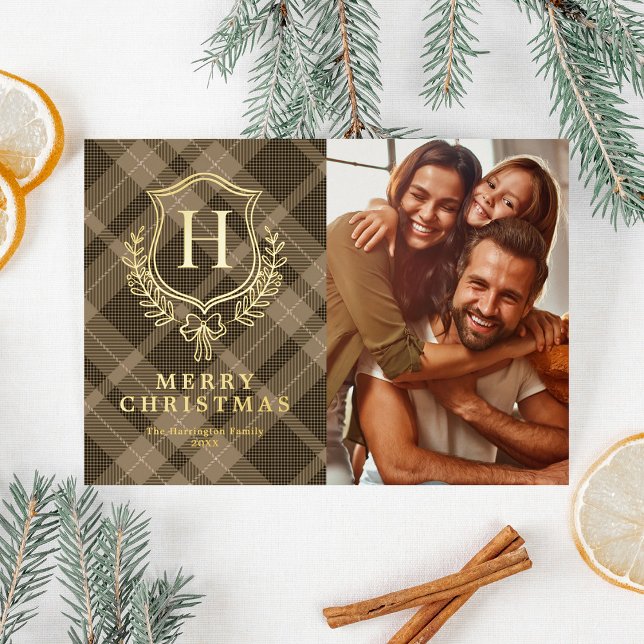 Tarjeta Festiva Con Relieve Metalizado Brown Plaid Monogram Photo Christmas (Subido por el creador)