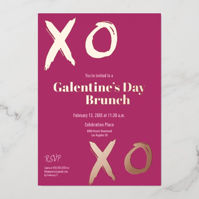 Tarjeta Festiva Con Relieve Metalizado Brunch del día de Hot Pink XOXO Gold Galentine (Anverso)