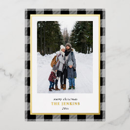 Tarjeta Festiva Con Relieve Metalizado Búfalo Gris Moderno Tocó Dos Fotos A Los Navidades