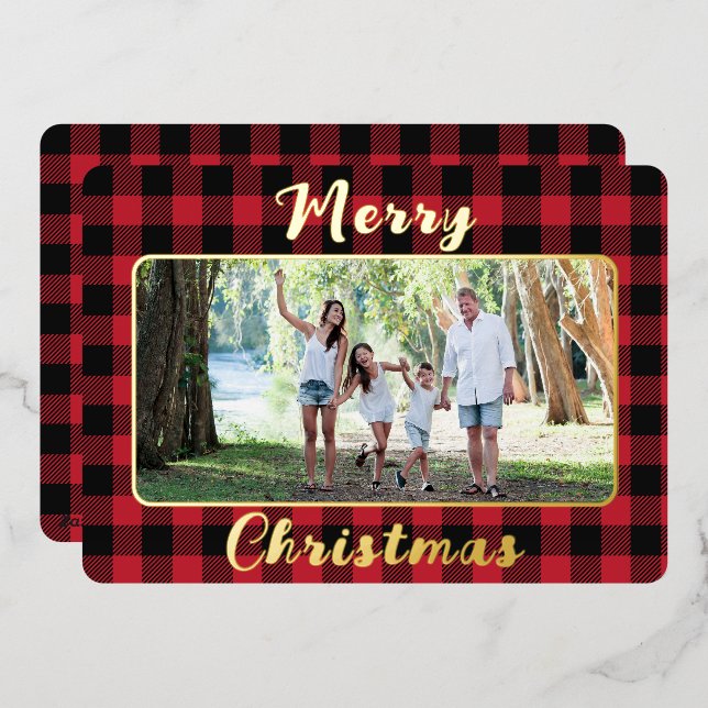 Tarjeta Festiva Con Relieve Metalizado Búfalo Rojo Jugado Feliz Navidad Una Foto (Anverso/Reverso)