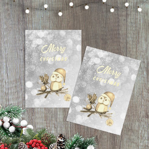 Tarjeta Festiva Con Relieve Metalizado Búho lindo de Navidad con ramas y bolas