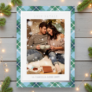 Tarjeta Festiva Con Relieve Metalizado Buon Natale Blue Green Plaid Tartan Photo