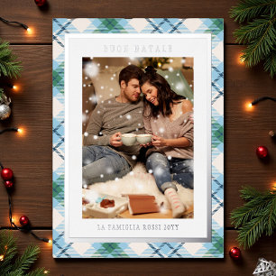 Tarjeta Festiva Con Relieve Metalizado Buon Natale Blue Green Plaid Tartan Photo