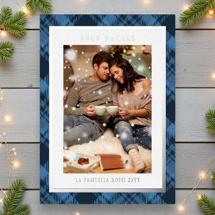 Tarjeta Festiva Con Relieve Metalizado Buon Natale Blue Plaid Tartan Photo