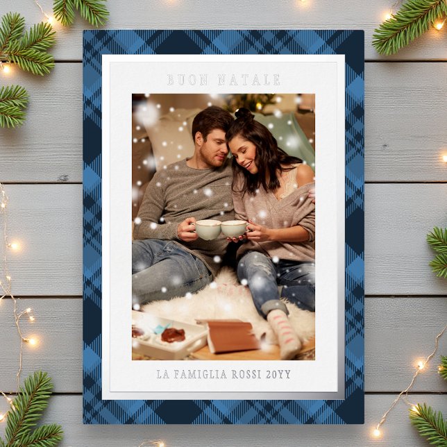 Tarjeta Festiva Con Relieve Metalizado Buon Natale Blue Plaid Tartan Photo (Subido por el creador)