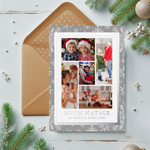 Tarjeta Festiva Con Relieve Metalizado Buon Natale Collage de fotos Plata Invierno Snowfl