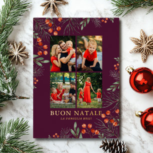 Tarjeta Festiva Con Relieve Metalizado Buon Natale Collage de fotos Watercolor Floral