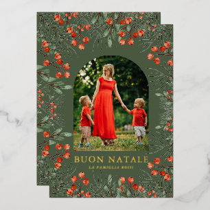 Tarjeta Festiva Con Relieve Metalizado Buon Natale Collage de fotos Watercolor Floral