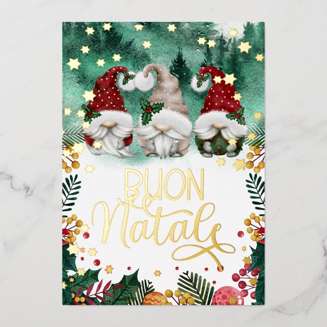 Tarjeta Festiva Con Relieve Metalizado Buon Natale Cute Gnomes Stars Forest Photo Relieve (Anverso)