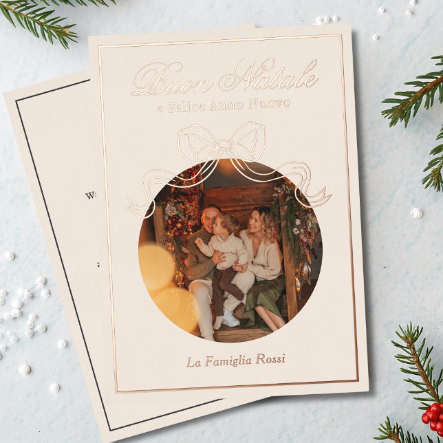 Tarjeta Festiva Con Relieve Metalizado Buon Natale e Felice Anno Nuovo Coquette Bow Foto (Subido por el creador)