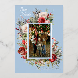Tarjeta Festiva Con Relieve Metalizado Buon Natale Foto Floral Relieve metalizado azul ta