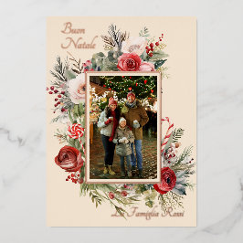 Tarjeta Festiva Con Relieve Metalizado Buon Natale Foto Floral Relieve metalizado azul ta