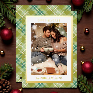 Tarjeta Festiva Con Relieve Metalizado Buon Natale Green Plaid Tartan Photo
