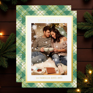 Tarjeta Festiva Con Relieve Metalizado Buon Natale Green Plaid Tartan Photo