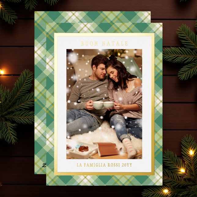 Tarjeta Festiva Con Relieve Metalizado Buon Natale Green Plaid Tartan Photo (Subido por el creador)