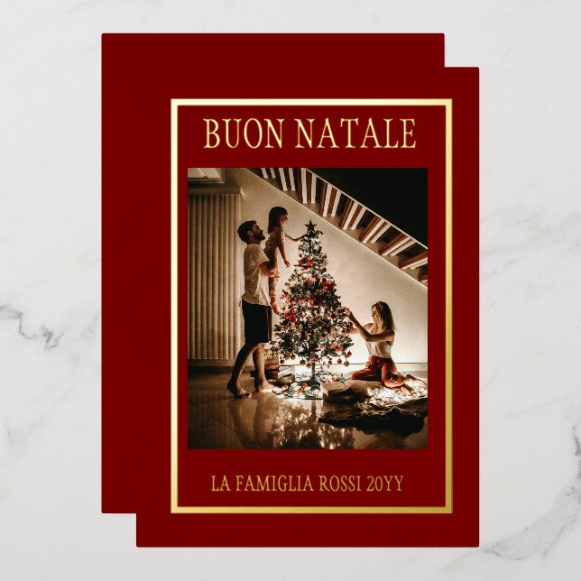 Tarjeta Festiva Con Relieve Metalizado Buon Natale Marrón y Dorado Foto Moderna Simple (Anverso/Reverso)